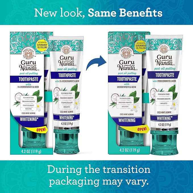 GuruNanda Hydroxyapatite Toothpaste, SLS & Fluoride Free, Whitening Toothpaste with Tongue Scraper & Squeezer - Freshens Breath, Fights Plaque - Natural CocoMint Jasmine Neem, 4.2oz