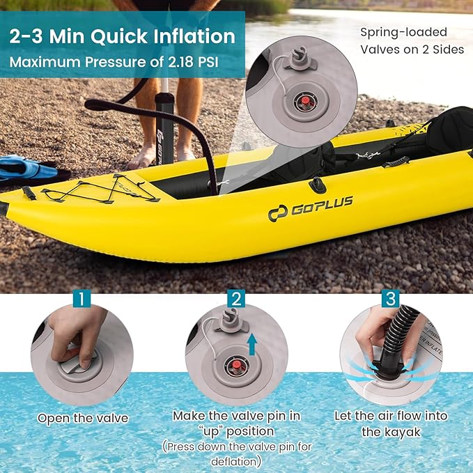 Goplus Inflatable Kayak, 2-Person Kayak Set for Adults with 507 LBS Weight Capacity, 2 Aluminium Oars, EVA Padded Seat, 2 Fins, Hand Pump, Carry Bag, Repair Kit, Portable Touring Kayaks-StrideForce Fitness
