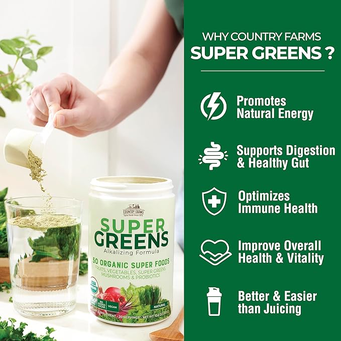 COUNTRY FARMS Super Greens Natural Flavor, 50 Organic Super Foods, USDA Organic Drink Mix, Fruits, Vegetables, Super Greens, Mushrooms & Probiotics, Supports Energy, 20 Servings, 10.6 Oz-StrideForce Fitness