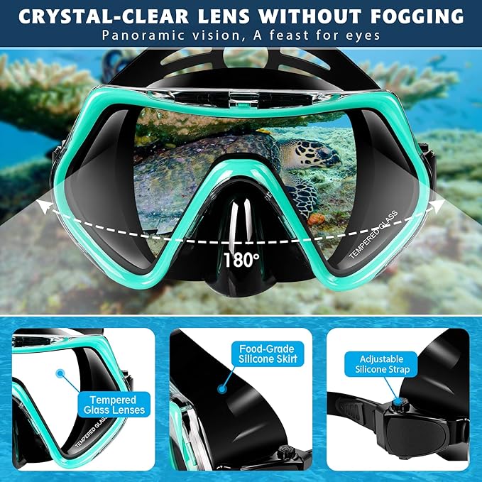 ZEEPORTE Mask Fin Snorkel Set, Travel Size Snorkeling Gear for Adults with Panoramic View Anti-Fog Mask, Trek Fins, Dry Top Snorkel and Gear Bag for Swimming Training, Snorkeling Kit Diving Packages-StrideForce Fitness