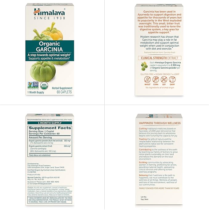 Himalaya Organic Garcinia Cambogia Herbal Supplement, Appetite Support, Lipid Metabolism, Weight Support, USDA Organic, Non-GMO, Vegan, 600 mg, 60 Plant-Based Caplets, 2 Pack-StrideForce Fitness