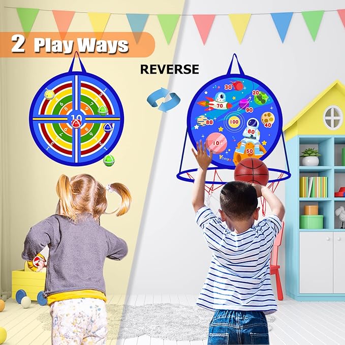 2 in 1 Basketball Hoop and Dart Board, 14" Dart Board for Kids, Basketball Hoop for Kids Toddlers, Sports & Outdoor Play, Birthday Gift Toys for 3 4 5 6 7 8 9 10 Year Old Boys Girls Kids, Party Favors-StrideForce Fitness