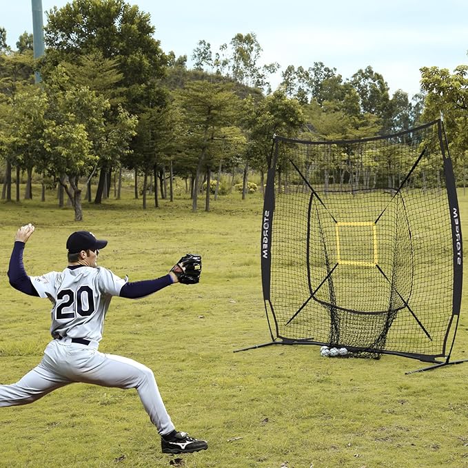 Storgem Baseball and Softball Practice Net 7×7ft Portable Hitting Pitching Batting Training Net Baseball Backstop Net with Batting Tee and Strike Zone and Bow Frame-StrideForce Fitness