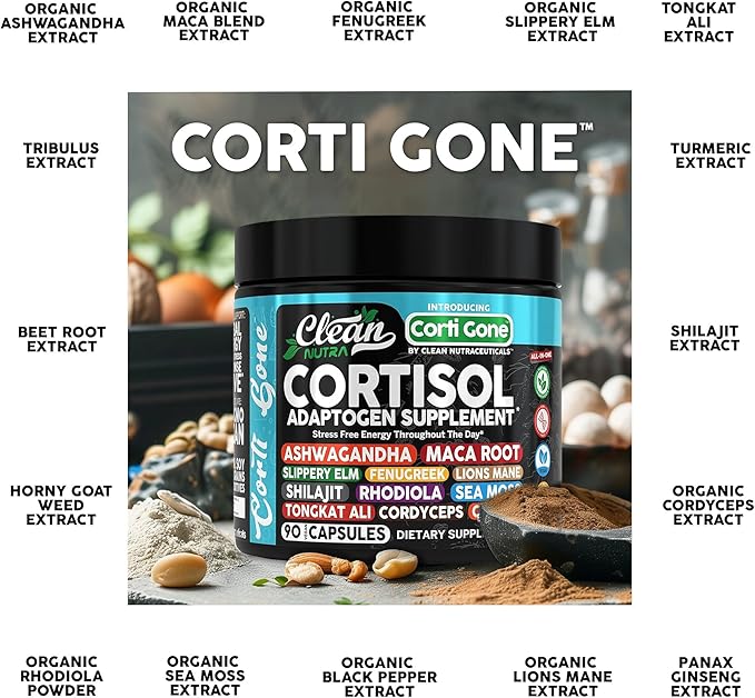 Corti Gone Cortisol Supplements For Women | Maca Root Ashwagandha Cortisol Detox Manager Reducer + Slippery Elm Fenugreek Lions Mane Shilajit Rhodiola Sea Moss Tongkat Ali Cordyceps Ginseng Beet Root-StrideForce Fitness