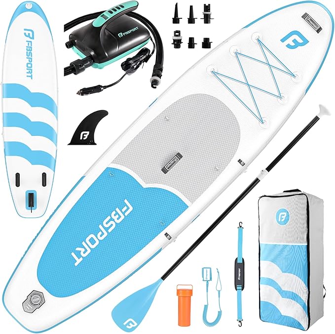 FBSPORT 11FT Premium Inflatable Stand Up Paddle Board with Electric Pump, Yoga Board with SUP Accessories & Carry Bag | Wide Stance, Surf Control, Non-Slip Deck, Leash and Paddle for Youth & Adult-StrideForce Fitness