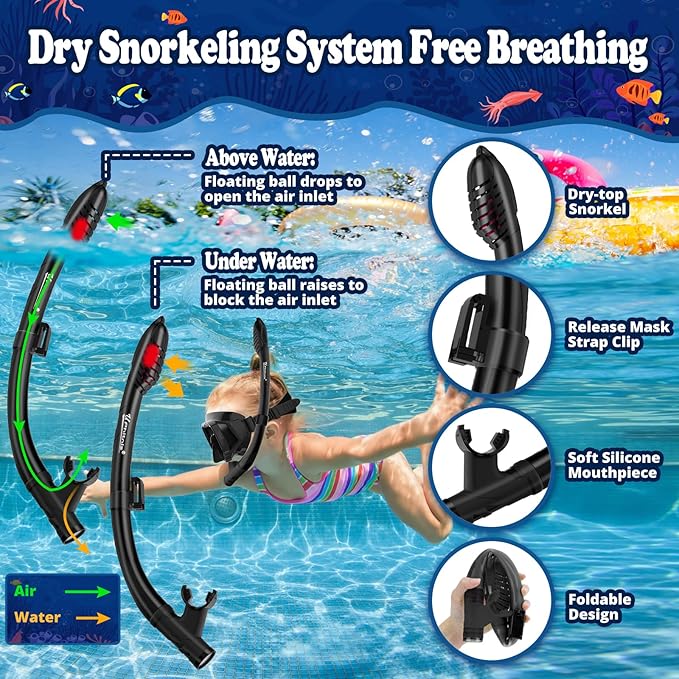 U PHITNIS Kids Snorkel Set for Age 4-14 - Dry Top Snorkeling Gear for Kids Junior & Youth - Childs Diving Mask with Big Eyes for Boys Girls - Anti-Fog Snorkeling Mask and Snorkel Set-StrideForce Fitness