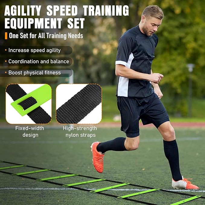 Agility Ladder, Speed Training Equipment Set, 20ft Agility Ladder, 12 Soccer Cones, 4 Hurdles, Jump Rope, Running Parachute, Basketball Football Soccer Training Equipment for Kids, Youth, Adults-StrideForce Fitness