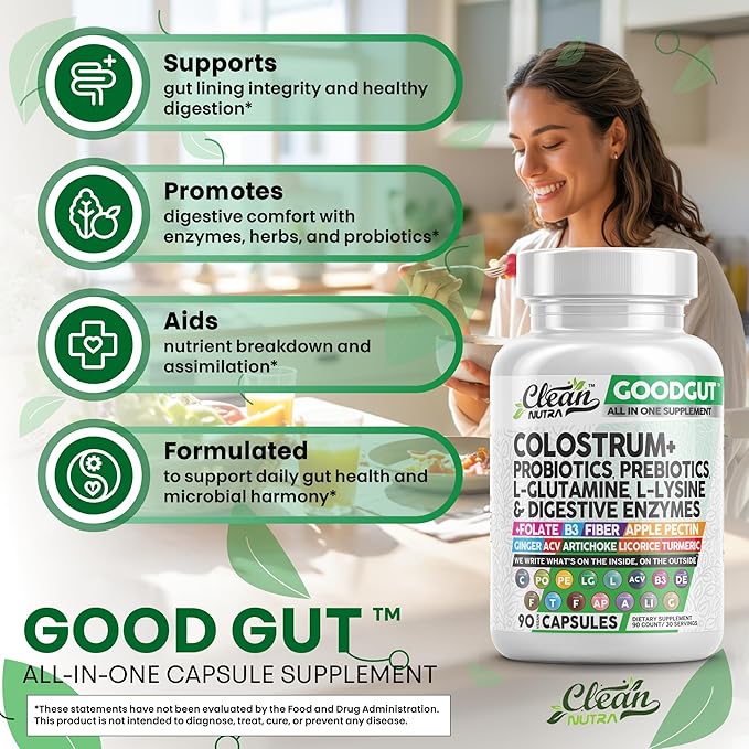 Clean Nutraceuticals Colostrum Supplement Capsules Probiotics Pills Prebiotics, L-Glutamine, Digestive Enzymes, Folate, Fiber, ACV, Turmeric, Apple Pectin and Turmeric Good Gut-StrideForce Fitness