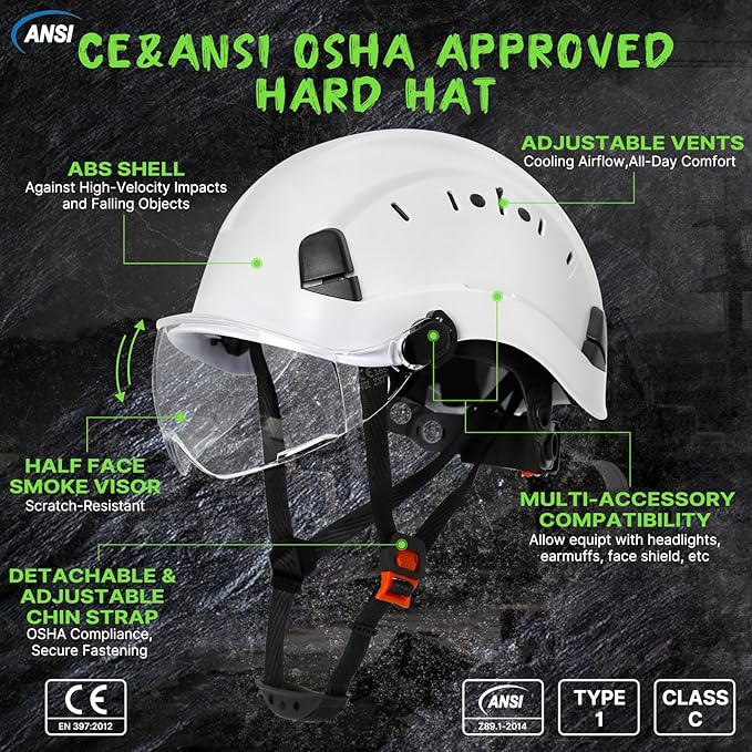 AOLAMEGS Construction Safety Hard Hat with Visor-ANSI Z89.1 OSHA Approved Construction Safety Helmet,Vented White Hard Hats with Chin Straps for Men Women Adults for Outdoor Indoor Industrial Workwear-StrideForce Fitness