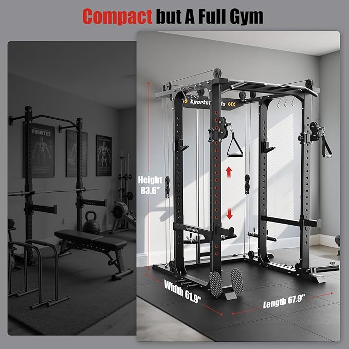 Sportsroyals Power Cage,1600lbs Multi-Function Power Rack with Adjustable Cable Crossover System and More Training Attachment, Weight Cage for Home Gym-StrideForce Fitness