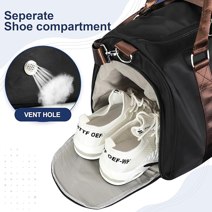 FIORETTO Womens Gym Tote Duffle Bag with Toiletry Bag, Sports Duffel Overnight Hospital Workout Carry on Bag for Girls with Wet Pocket & Shoe Compartment, Ideal for Travel, Swimming, Black & Brown-StrideForce Fitness