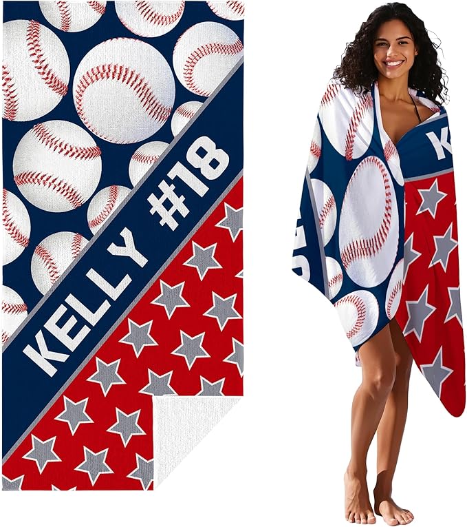 Personalized Beach Towel With Name, Custom Beach Towel with Text, Customized Microfiber Pool Towel, Quick Dry & Absorbent Swim Towel for Adult,Anniversary, Birthday, Summer Holiday,Vacation,Baseball-StrideForce Fitness