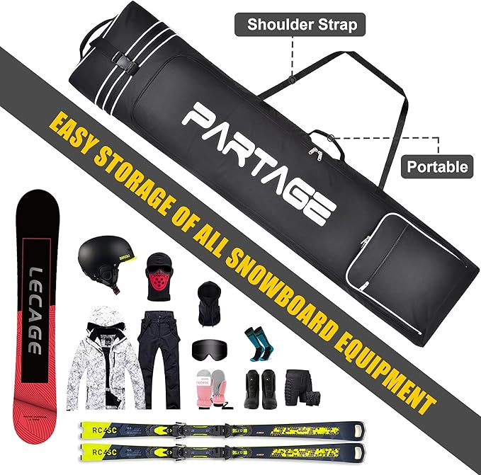 Partage Snowboard Bag with Wheels, Snowboard Bag for Air Travel, Adjustable Length Up to 170 cm, 600D Water Resistant Oxford -Black-StrideForce Fitness