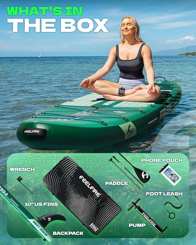 Feelfire11'x34” Extra Wide Inflatable Paddleboard, Stand-up Paddle Board for Adults, 420lb Capacity for Yoga/Fishing/Family, EVA Deck, US Fin, High-Pressure Pump, Storage Backpack, Safety Leash-StrideForce Fitness