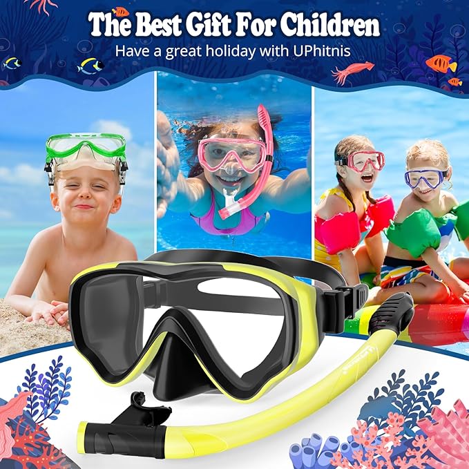 U PHITNIS Kids Snorkel Set for Age 4-14 - Dry Top Snorkeling Gear for Kids Junior & Youth - Childs Diving Mask with Big Eyes for Boys Girls - Anti-Fog Snorkeling Mask and Snorkel Set-StrideForce Fitness
