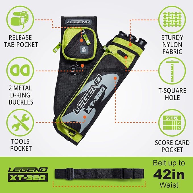 LEGEND XT320 Archery Quivers - Nylon Hip Quivers with 3 Arrow Tube Cases for Target Shooting - Adjustable Waist Belt, T-Slot, Storage Compartments for Accessories, Gear, Tools, Release Tab, Score Card-StrideForce Fitness