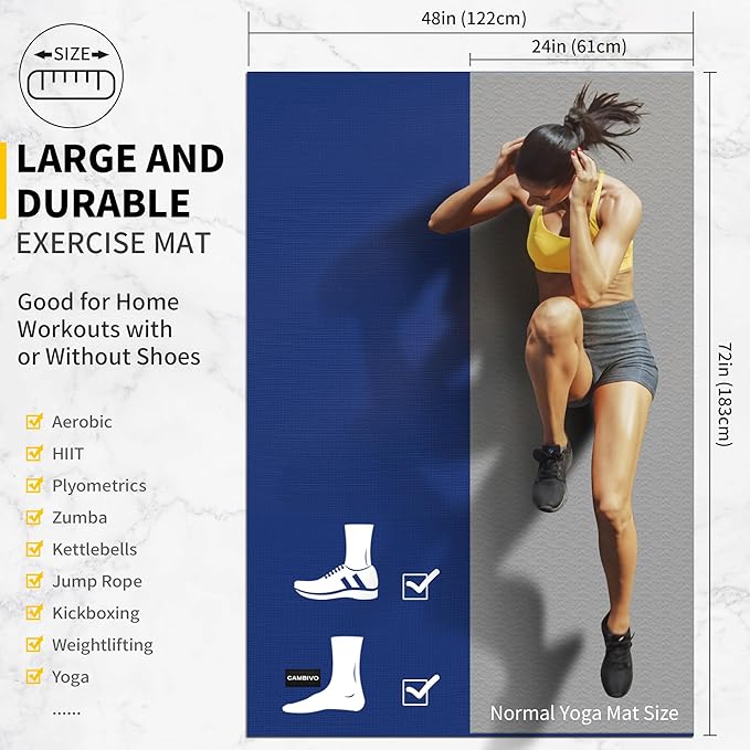 CAMBIVO Large Exercise Mat for Home Workout, 8'x6'/7'x5'/6'x4' (7 mm) Extra Thick Exercise Mat for Home Gym, Shoe-Friendly, Non-Slip Gym Mat for Jump Rope, Weights, Cardio, Fitness-StrideForce Fitness