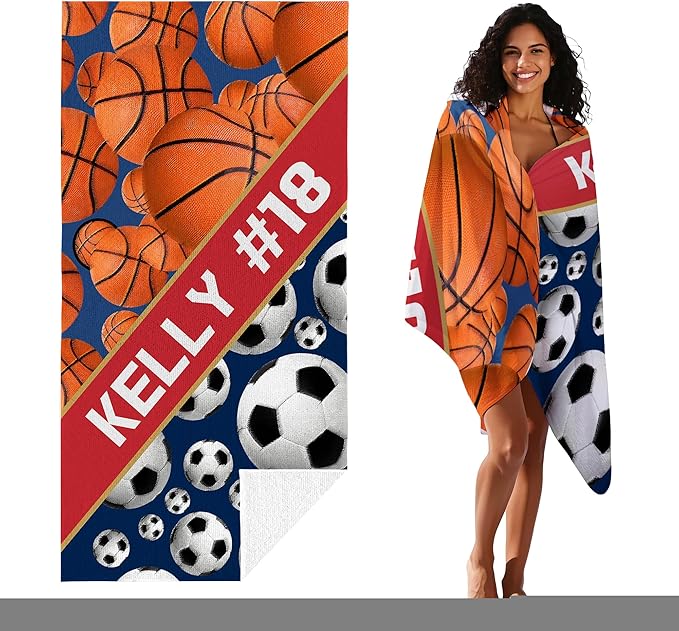 Personalized Beach Towel With Name, Custom Beach Towel with Text, Customized Basketball Football Microfiber Pool Towel, Quick Dry & Absorbent Swim Towel for Adult,Anniversary, Birthday, Summer Holiday-StrideForce Fitness