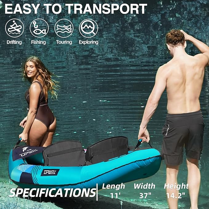UPWELL 13'6”/11' Inflatable Recreational Kayak - 2 Person with Drop Stitch Floor and Accessories Including Kayak Seats with High Back Support, Paddle, Fin, Repair Kits, Carry Bag and Hand Pump-StrideForce Fitness