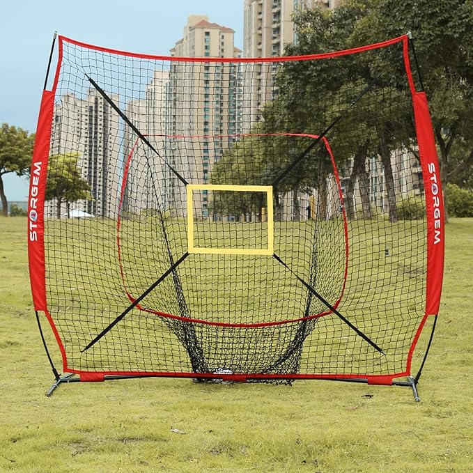 Storgem Baseball and Softball Practice Net 7×7ft Portable Hitting Pitching Batting Training Net Baseball Backstop Net with Batting Tee and Strike Zone and Bow Frame-StrideForce Fitness