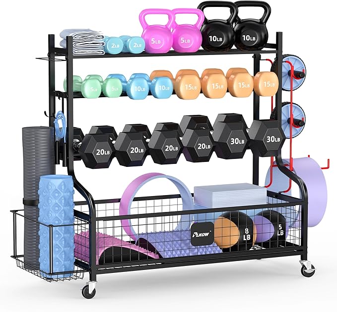 PLKOW Dumbbell Rack, Weight Rack for Dumbbells, Home Gym Storage for Dumbbells Kettlebells Yoga Mat and Balls, All in One Workout Storage with Wheels and Hooks, Powder Coated Finish Steel-StrideForce Fitness