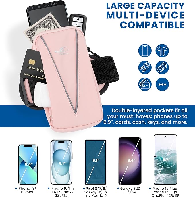 HiRui Cell Phone Holder Arm Bag & Wrist Bag for Phone, Sports Running Armband for Gym & Cycling, Compatible with iPhone 16/16Pro/Plus/15/14 Samsung Galaxy All Phones, Reflective & Adjustable (Pink)-StrideForce Fitness