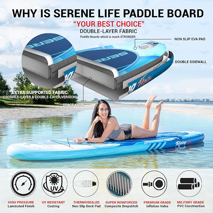 SereneLife Inflatable Stand Up Paddle Board with Premium SUP Accessories – Wide Stable Design with Non-Slip EVA Deck Pad for Adults and Youth of All Skill Levels-StrideForce Fitness