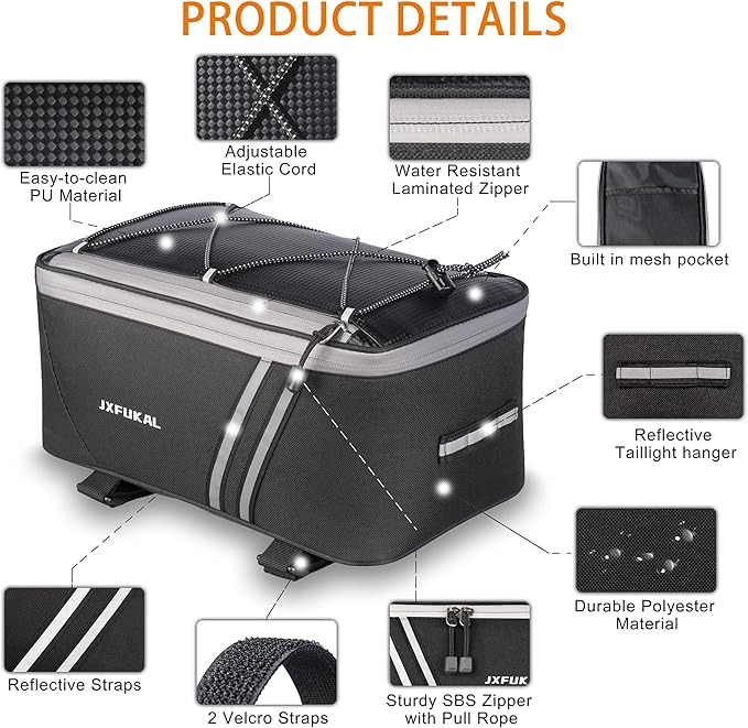 JXFUKAL Rear Bike Rack Bag with Rain Cover, 7L/9L/10L/12L Waterproof Bicycle Ebike Saddle Bag Cycling Pannier Trunk Carrier with Reflector & Adjustable Cord for Commuter Travel Outdoor-StrideForce Fitness