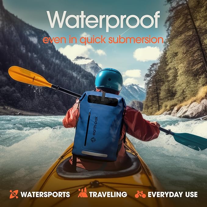 Earth Pak Waterproof Backpack - Heavy Duty Hiking Backpack - Roll-Top Closure - Waterproof Bag - Cushioned Dry Bags Waterproof w/ IPX8 Waterproof Phone Case - Wet Bag for Hiking, Kayak(Blue, 85L)-StrideForce Fitness