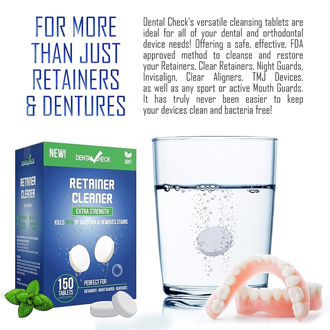 Retainer and Denture Cleaner 150 Tablets, 5 Month Supply Cleaning Tablets Denture Cleaners Remove Bad Odors, Plaque, Stains From Night Guards, Mouth Guards, Dental Appliance