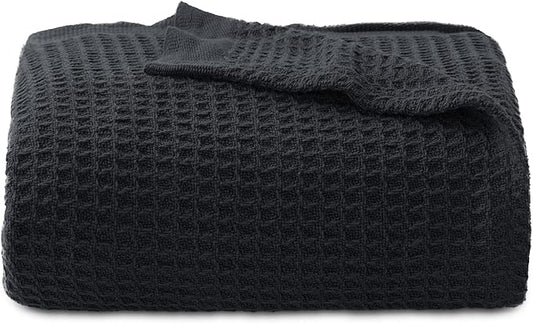 Bedsure 100% Cotton Blanket Twin XL Size for College Dorm - Breathable and Soft, Waffle Weave Twin Blanket for Summer, Dorm Room Essentials, Black, 66x90 inches-StrideForce Fitness