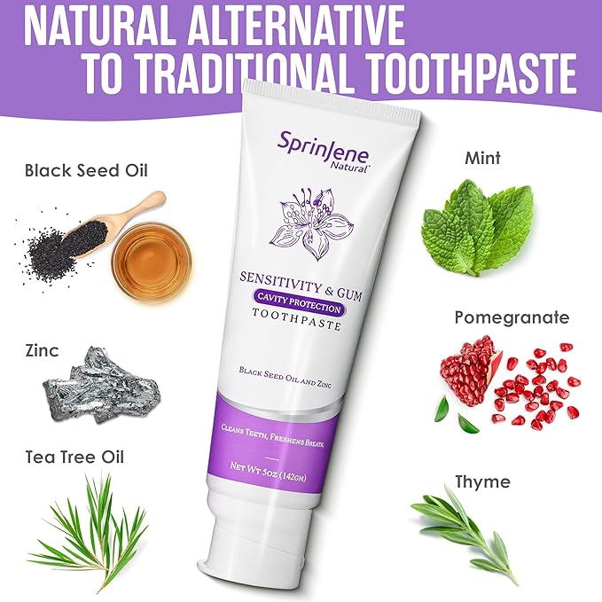 SprinJene Natural Sensitivity & Gum Fluoride Toothpaste – Sensitive Teeth Relief & Cavity Protection – SLS Free Natural Toothpaste with Black Seed Oil & Zinc – Made in The USA (1 Pack)