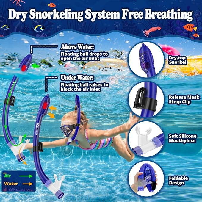 U PHITNIS Kids Snorkel Set for Age 4-14 - Dry Top Snorkeling Gear for Kids Junior & Youth - Childs Diving Mask with Big Eyes for Boys Girls - Anti-Fog Snorkeling Mask and Snorkel Set-StrideForce Fitness