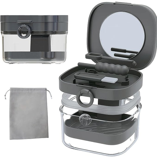 Denture Case Retainer Cleaning Case with Retainer Removal Tool and Brush, No-Leak Denture Bath Box Cup, Complete Clean Care for Clear Braces, Mouth Guard, Night Guard & Retainers (Grey)