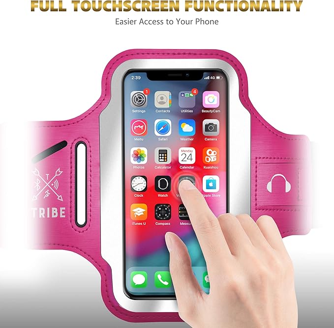 TRIBE Running Phone Holder Armband. iPhone & Galaxy Cell Phone Sports Arm Bands for Women, Men, Runners, Jogging, Walking, Exercise & Gym Workout. Fits All Smartphones. Adjustable Strap, CC/Key Pocket-StrideForce Fitness