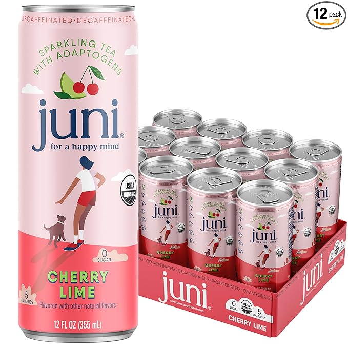 Juni Sparkling Adaptogen Drink with Ashwagandha, Lion’s Mane & Reishi Mushrooms | Green Tea for Focus, Zero Sugar, 5 Calories | Decaffeinated, Non Alcoholic Drinks - Cherry Lime 12 pack-StrideForce Fitness