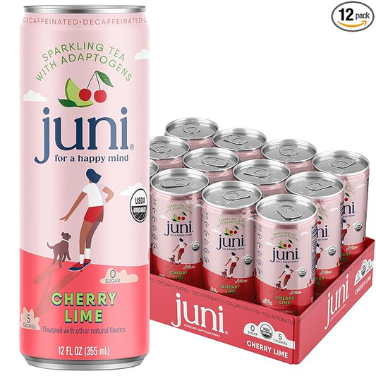 Juni Sparkling Adaptogen Drink with Ashwagandha, Lion’s Mane & Reishi Mushrooms | Green Tea for Focus, Zero Sugar, 5 Calories | Decaffeinated, Non Alcoholic Drinks - Cherry Lime 12 pack-StrideForce Fitness