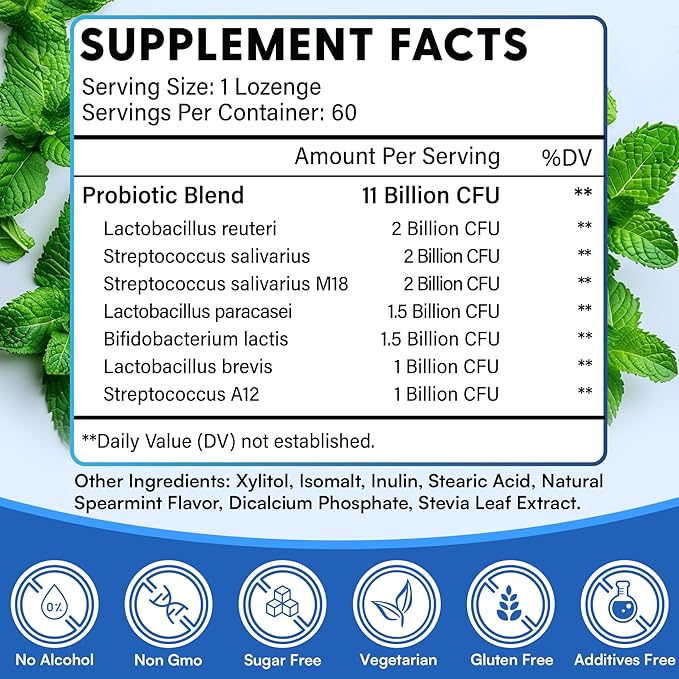 Oral Probiotics, 11 Billion CFU, with M18, A12, Oral Probiotics for Mouth Bad Breath for adults, Dry Mouth, Gum Health & Gum Restore, Chronic Halitosis, Fresh Breath, 120 Lozenges (Mint Flavor)