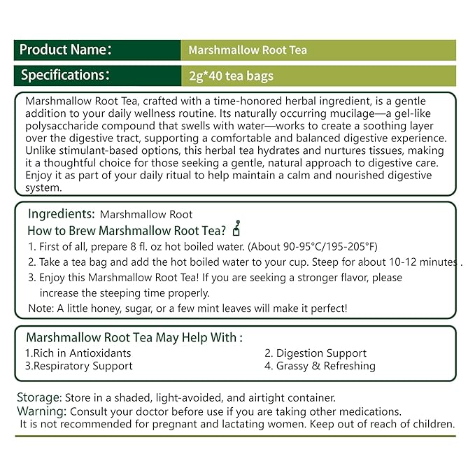 Samcci - Marshmallow Root Tea, 2g x 40 Tea Bags -100% Natural & Pure Dried Cut & Sifted Althaea Officinalis - No Sugar - No Caffeine - No Gluten - Vegan - Support Digestion & Respiratory-StrideForce Fitness