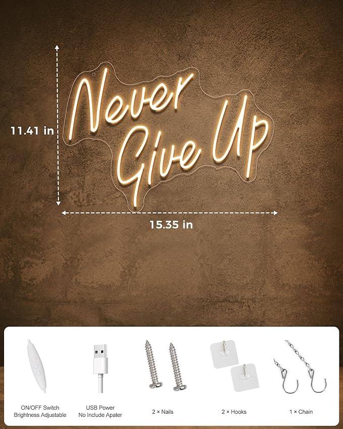 YIKBIK NEVER GIVE UPLED Neon Sign for Wall Decor,Neon Lights Party Decorations, USB Powered Switch Neon Lights lighting adjustable for Office Room, Gym Room, Man Cave, Gamer Room-StrideForce Fitness