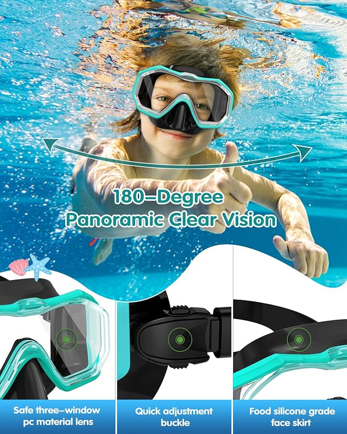 W WSTOO Kids Swim Goggles with Nose Cover,Snorkel Diving Swimming Mask for Youth 5-15,HD 3-Window Wide Vision Anti-Shattered Lens Anti-Fog&Leak-StrideForce Fitness