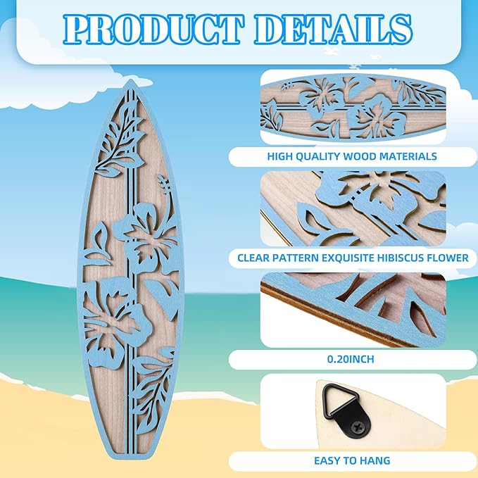 RattanView 3 Pieces Hibiscus Surfboard Decor for Bedroom Wooden Beach Wall Decor Summer Wood Surfboard Wall Hanging Sign for Tropical Living Room Decoration (Blue)-StrideForce Fitness