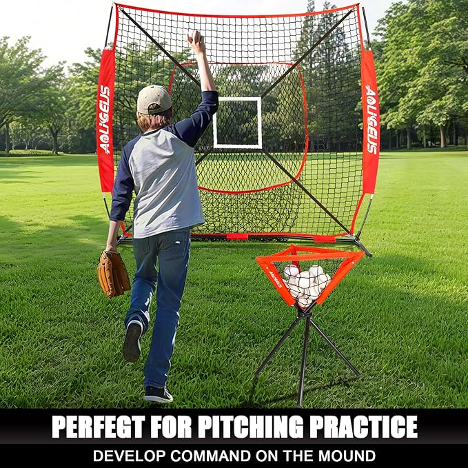 6'X6' Baseball Softball Practice Net with Batting Tee and Ball Caddy, Bonus Strike Zone Target and Bow Frame, for Hitting, Pitching, Catching-StrideForce Fitness