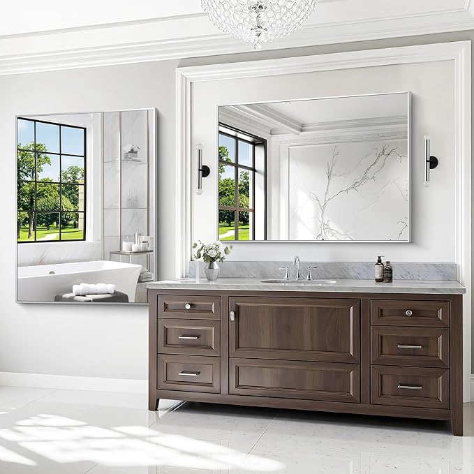 Silver Bathroom Mirror,36x48 inch Wall Mirror for Bathroom Wall Mounted,Large Rectangle Mirror for Bathroom Over Sink,Modern Metal Frame for Living Room,Bedroom Entryway,Horizontal/Vertical-StrideForce Fitness