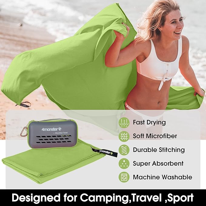 4Monster Camping Towels Super Absorbent, Fast Drying Microfiber Travel Towel, Quick Dry Ultra Soft Compact Gym Towel for Swimming Beach Hiking Yoga Travel Sports Backpack (40.00" x 20.00", Green)-StrideForce Fitness