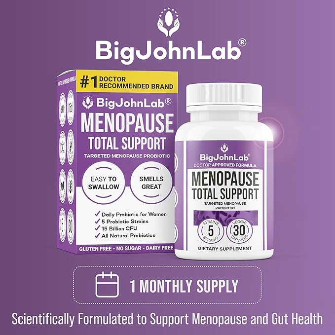 BIGJOHNLAB® - Menopause Total Support – Advanced Probiotic Formula with 5 Strains & 15 Billion CFU, Resveratrol, Black Cohosh, Acacia Fiber, Non-GMO & 100% Vegetarian-StrideForce Fitness