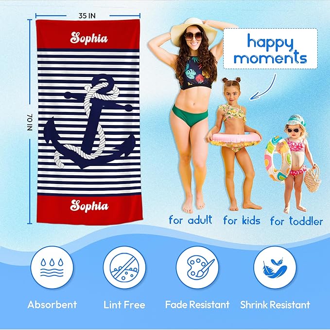 JML Personalized Beach Towel with Name, Custom Anchor Beach Towel, Customized Microfiber Pool Towel, Quick Dry & Absorbent Swim Towel for Adult,Anniversary, Birthday, Summer Holiday,Vacation-StrideForce Fitness