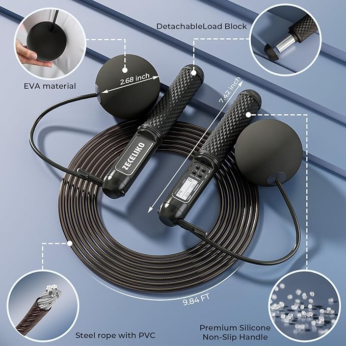 Smart Jump Rope with LED Display and Jump Counter, Weighted Cordless Design for Home Gym & HIIT, Adjustable Steel Wire for Fitness, Tracks Jumps, Calories & Time, for Men, Women & Kids-StrideForce Fitness