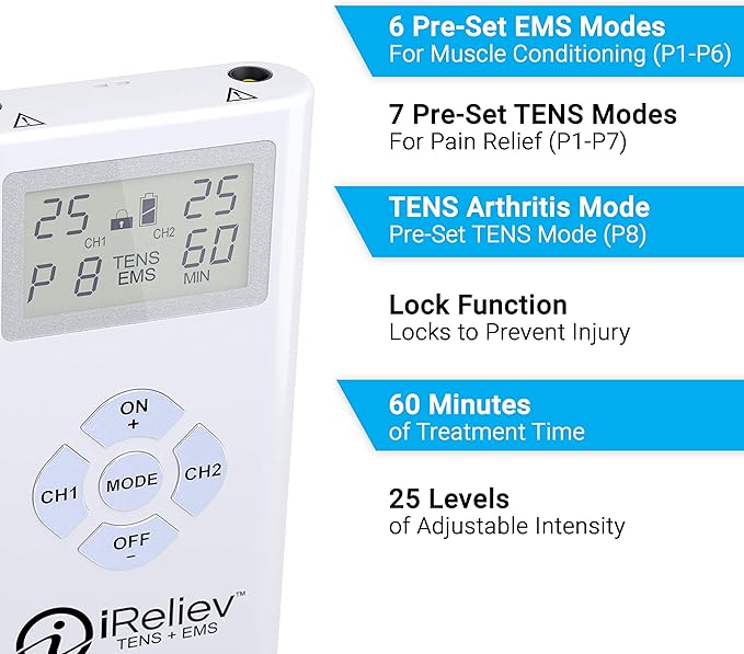 iReliev TENS + EMS Combination Unit Muscle Stimulator for Pain Relief & Arthritis & Muscle Strength with Backlit Display-StrideForce Fitness