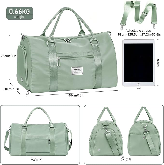 FIORETTO Womens Gym Tote Duffle Bag with Wet Pocket & Shoe Compartment, Sports Duffel Overnight Weekender Hospital Workout Carry on Bag for Girls, Ideal for Travel, Swimming, Dance, Ballet Celadon-StrideForce Fitness